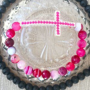 Crystal Cross Collection: Pink Agate Precious Stones Bracelet